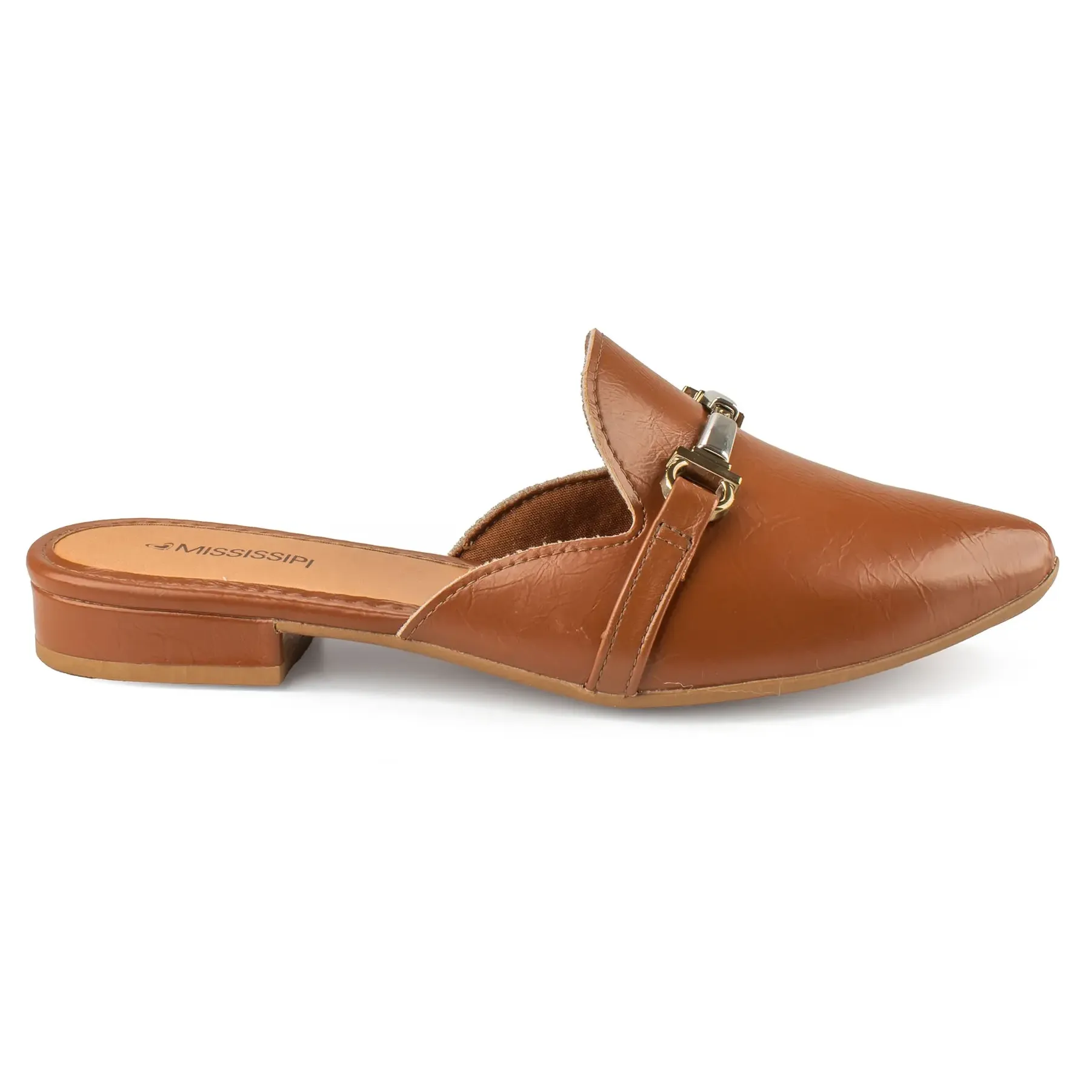 Mule Mississipi feminino caramelo com salto baixo e bico fino, vista frontal